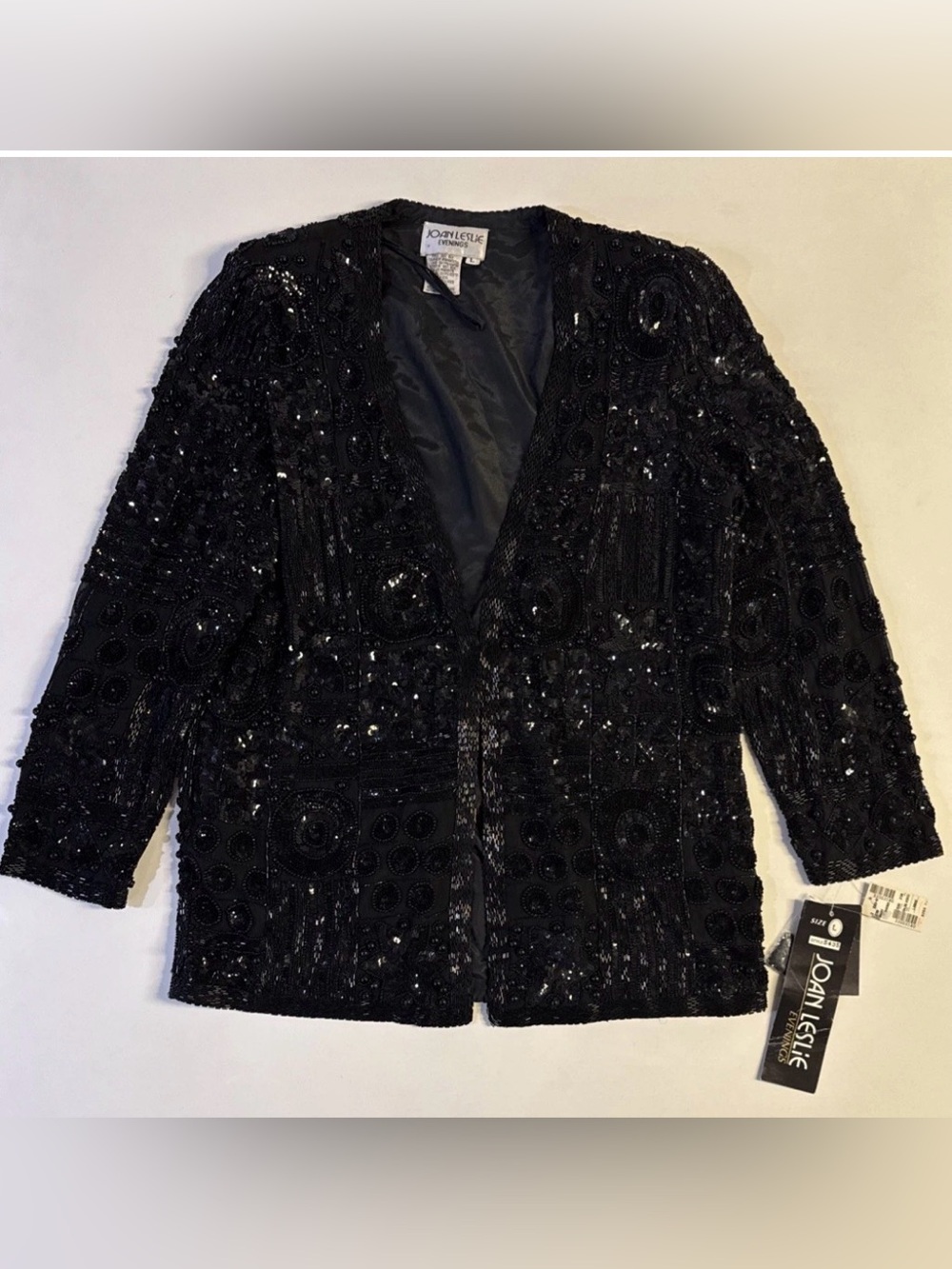 Vintage Joan Leslie Black Sequins Jacket Womens Size Large Silk Embellished